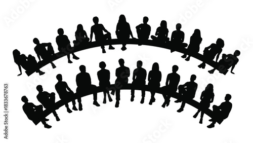 Group of people silhouettes sitting in a circle isolated on white background, Vector