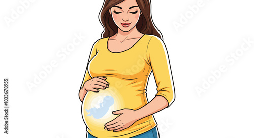 A smiling pregnant woman gently cradles her belly, with a glowing silhouette of the fetus visible inside.