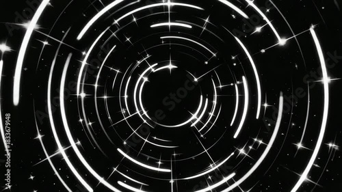 Energetic Black and White Animated Circular Light Streaks Tunnel Vortex Motion Graphics Background Loopable