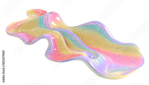 Abstract iridescent fluid wave shape with soft pastel colors and shimmering highlights isolated on transparent background