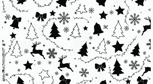 Black and white christmas pattern with reindeer trees stars and bows