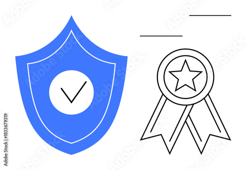 Cybersecurity, trust assurance, certification, guarantee, achievement, recognition. Blue shield with checkmark and award ribbon with star. Cybersecurity and trust assurance concept