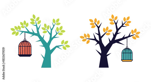 Two stylized trees with hanging birdcages contrasting colors and designs
