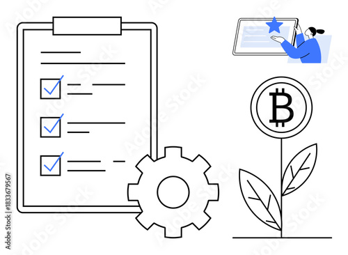 Business planning, cryptocurrency, goal tracking, blockchain innovation, workflow management, digital assets. Checklist, gear Bitcoin plant and person awarding star. Goal tracking