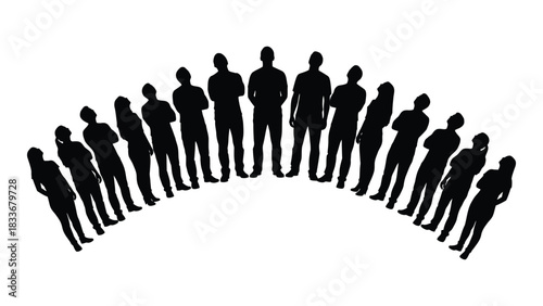 Silhouettes of people looking up in a semicircle isolated on white background, Vector