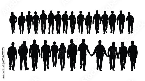 Silhouettes of walking people isolated on white background, Vector
