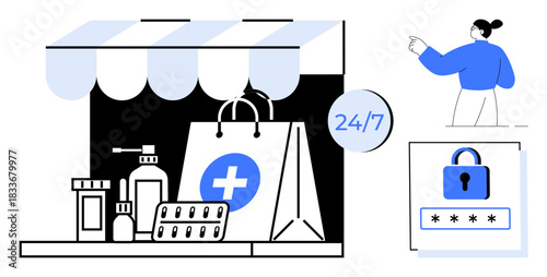 E-commerce, healthcare access, online shopping, secure payment, data protection, digital retail. Medical supplies under a shop canopy. E-commerce and healthcare access concept