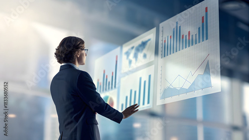 Automated Marketing Tools Business professional analyzing futuristic digital data charts on transparent virtual screens.