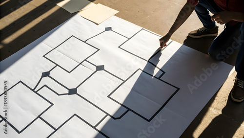 Automated Marketing Tools A person draws a large flowchart with connected boxes on white paper laid out on the floor.