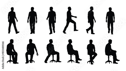 Male silhouettes in various poses isolated on white background, Vector