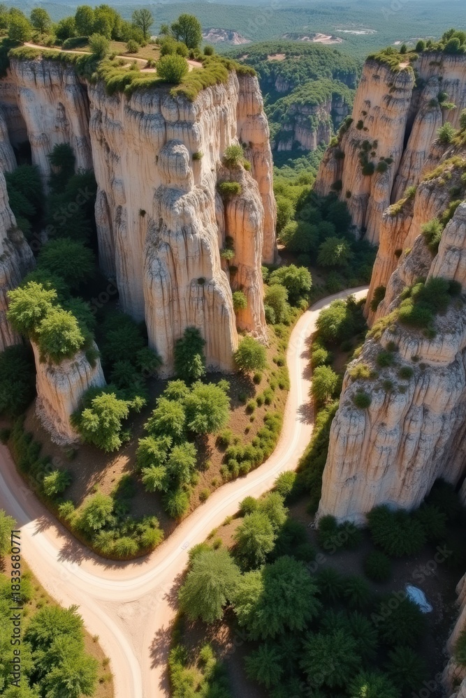 Fototapeta premium Scenic winding dirt road through a dramatic rocky canyon landscape