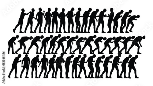 Human silhouettes in bending progression isolated on white background, Vector
