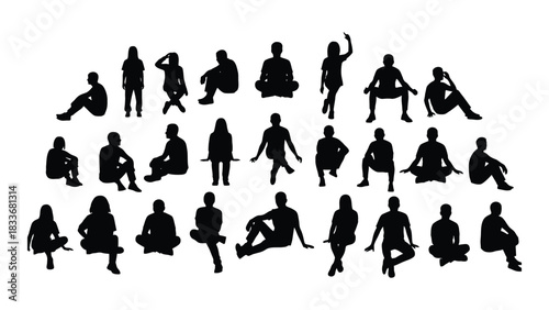 People silhouettes in sitting and squatting poses isolated on white background, Vector