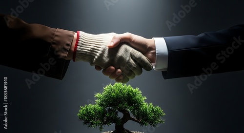 Hands shaking over bonsai tree in dark spotlighted background representing green business partnershi