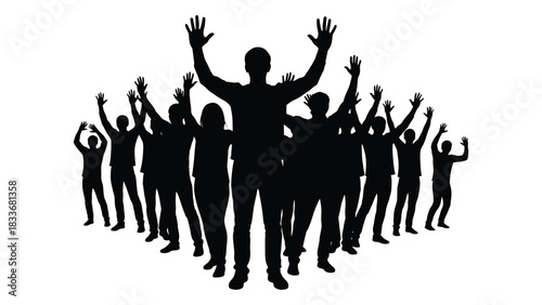 Group of people with raised arms silhouette isolated on white background, Vector
