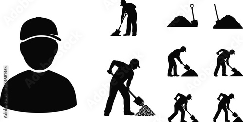 Manual labor and shovel activity silhouette illustration set, construction and digging poses, occupational work concept vector, black and white graphic