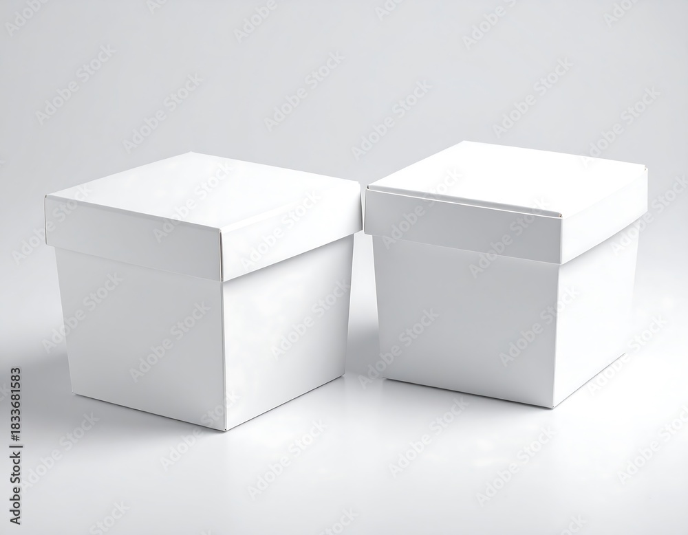 Naklejka premium Two square, white, lidded boxes, set closely together. Clean, simple design on a white background