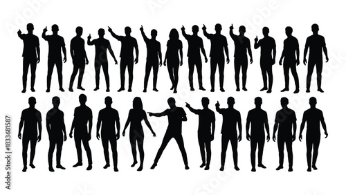 Collection of people silhouettes pointing and gesturing isolated on white background, Vector