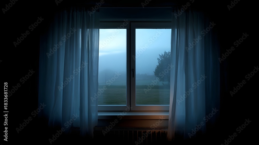 Naklejka premium A tranquil view of a misty rural landscape at dawn seen through a window framed by sheer white curtains evoking a sense of quiet anticipation
