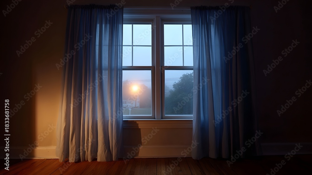 Fototapeta premium A serene view of a foggy landscape with a distant house light seen through a window with sheer curtains at twilight
