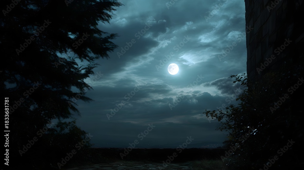 Fototapeta premium A luminous moon shines through dramatic clouds over a mysterious landscape with trees and ancient stone structures at night