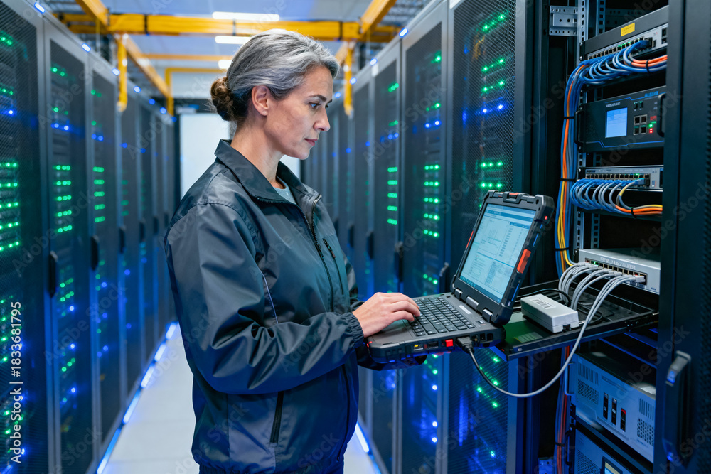 Fototapeta premium Female network engineer in a dark jacket working on a laptop while standing in a brightly lit data center aisle, monitoring and maintaining server racks and network hardware