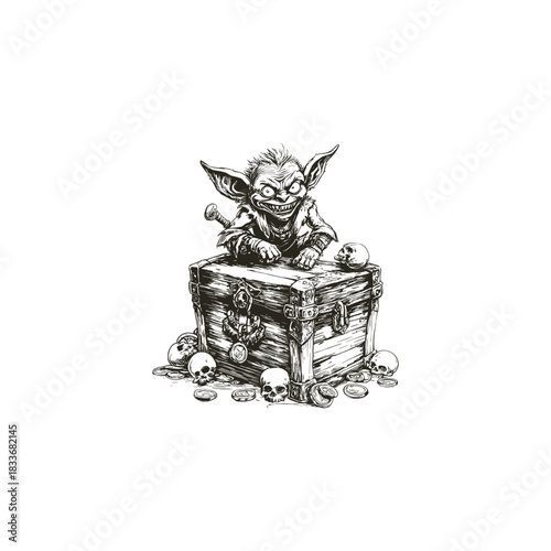 illustration of a sinister goblin or imp emerging from a richly decorated treasure chest, surrounded by scattered gold coins and skulls