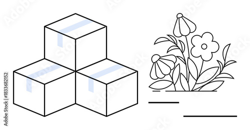 E-commerce, sustainability, logistics, shipping, nature conservation, eco-friendly practices. Three stacked boxes next to floral elements. Logistics and sustainability