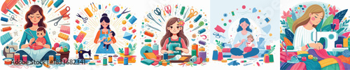 VECTOR MOTHER SEWING WHITE BACKGROUN FLAT DESIGN