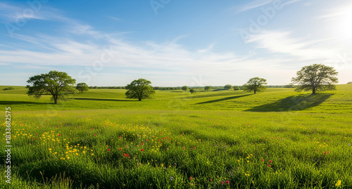 Fototapeta Naklejka Na Ścianę i Meble -  A sunlit, expansive green meadow with scattered trees under a blue sky. Wildflowers dot the landscape, creating a serene and peaceful atmosphere.