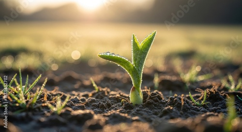 Sprout emerging from dark soil, dewdrops glistening, sunlit background