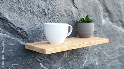 Elegant minimalist design featuring a white mug and plant on a wooden shelf against textured stone