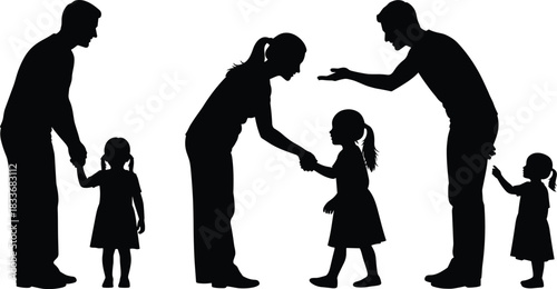 Adult-child interaction silhouette illustration set, parenting and guidance poses, communication and mentoring concept vector, black and white graphic
