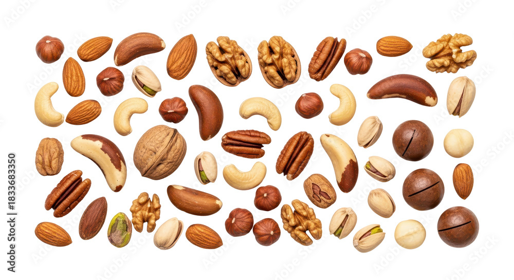 Fototapeta premium Assorted mixed nuts collection on white background, variety of raw organic nuts including almonds walnuts and cashews, healthy snack food ingredients