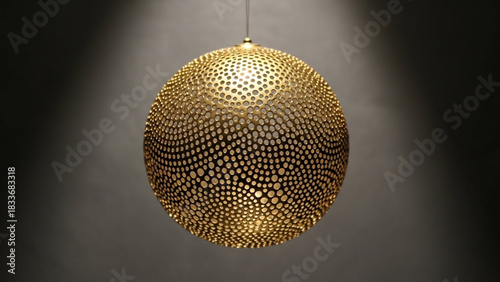 A stunning spherical pendant light with a golden perforated metal shade casting intricate patterns of light and shadow against a dark background