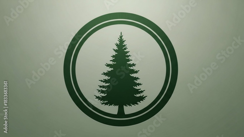 A minimalist dark green silhouette of a pine tree is enclosed within a double ring emblem against a soft muted green gradient background evoking nature and simplicity