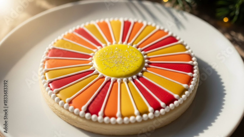 A beautifully decorated sugar cookie with a sunburst design in vibrant red orange and yellow icing sits on a white plate with a blurred background of festive lights and greenery