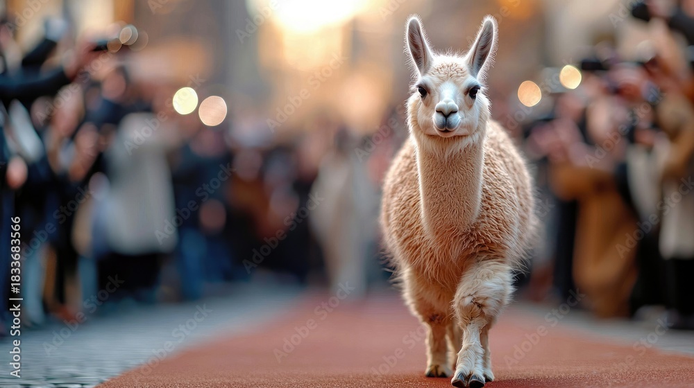Obraz premium A llama walks towards the camera on a red carpet, surrounded by a blurred crowd of people with cameras. The scene is outdoors with warm, golden lighting.