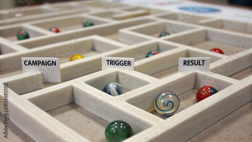 SaaS Marketing Automation Wooden maze with labeled sections and colorful marbles representing stages like campaign, trigger, and result.