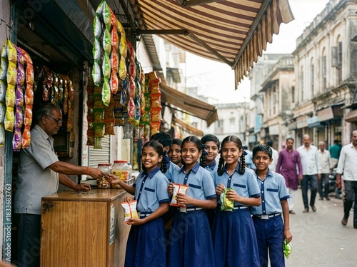 Fototapeta Naklejka Na Ścianę i Meble -  Group Of Indian School Girls In Blue Uniforms Buying Snacks From Small Street Shop Vendor
