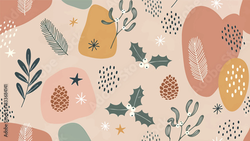Abstract botanical pattern featuring leaves, berries, pinecones, and geometric shapes in muted, earthy tones on a beige background.