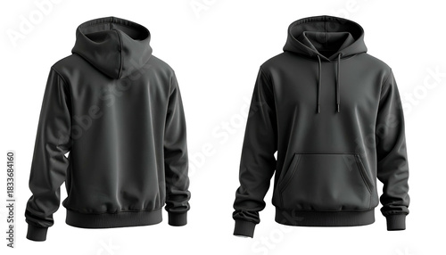 Two charcoal-gray hoodies, front and back views, isolated on a black background