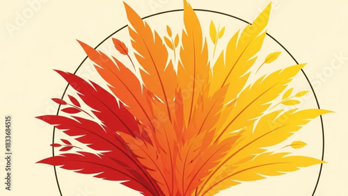 A vibrant fan of stylized feathers in warm autumn colors from red to yellow arranged in a semicircular pattern against a cream background with a subtle black outline