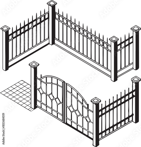 Wrought iron gates accent a building's entrance, featuring intricate metal and wood design next to a staircase with a railing