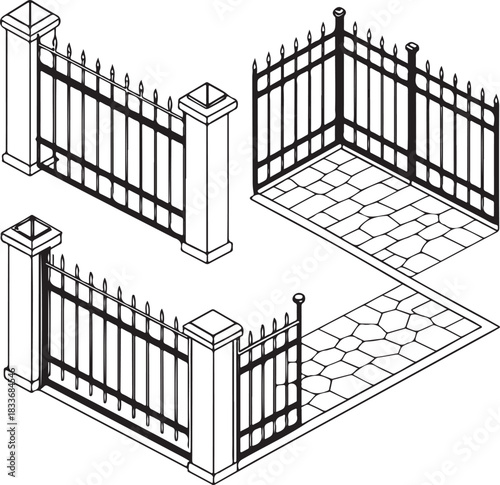 Vintage wrought iron fence and gate architecture design illustration for a building wall