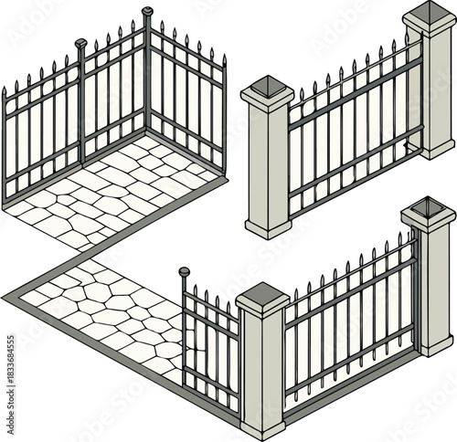 An illustration of a decorative wrought iron fence and gate pattern against a brick wall
