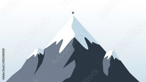 A stylized minimalist illustration of a snow capped mountain peak with a star at its summit against a gradient sky symbolizing achievement and success