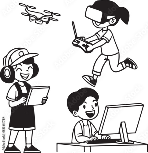 Funny cartoon vector illustration of a boy and a girl school kids playing internet games on a laptop computer desk