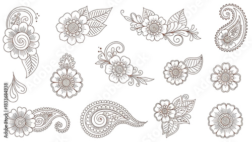 Elegant Mehndi Vector PNG with multiple henna motifs in classic brown line art