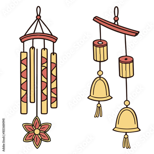Set of vector icons: antique gold bird cage with open door symbol of freedom, Christmas bells decoration